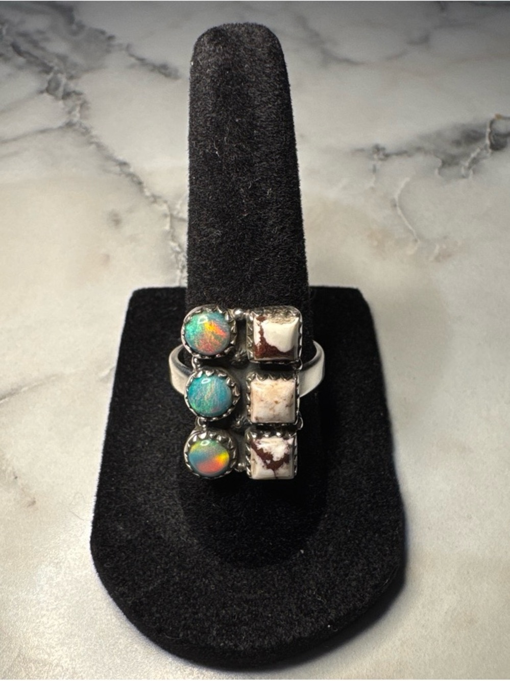 Sterling Silver Wild Horse & Aurora Opal Ring